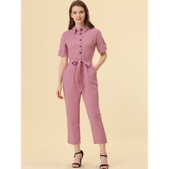 Short Sleeve Collared Cropped Button Down Tie Waist Cotton Cargo Jumpsuit Pink - Picture 3 of 5